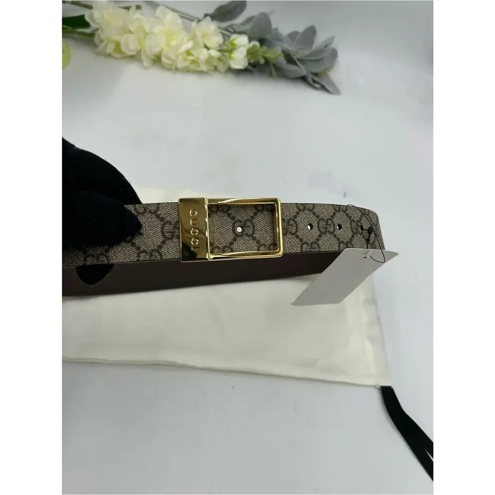 Unisex Gucci Monogram Canvas Belt with Gold engraved Buckle - Beige/Brown 80/32